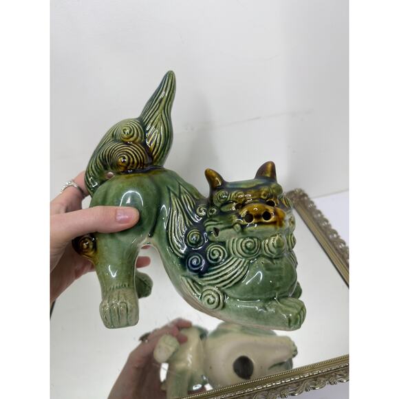 Chinese Foo Dog Green Guardian Shishi Lions Figurine Green Glazed Chinoiserie - Picture 11 of 14